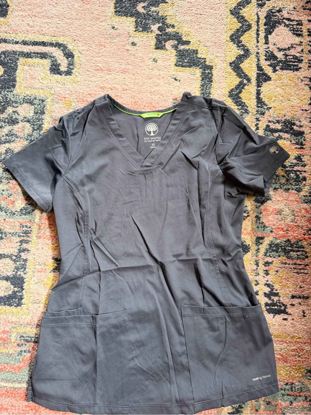 Healing Hands charcoal gray scrub top with v-neck